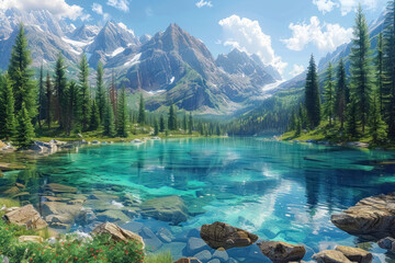 serene mountain lake with clear turquoise water surrounded by lush green forest and towering...