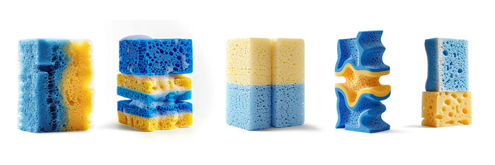 Vertical standing blue and yellow sponges for washing dishes isolated on a transparent background 
