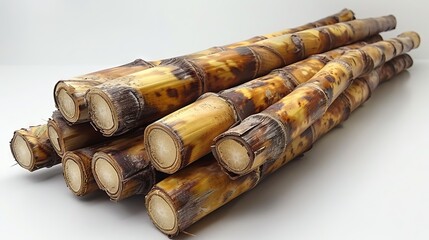 A pile of bamboo sticks on a white surface.
