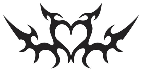 Neo tribal heart y2k aesthetic tattoo gothic cover, fire or wings abstract silhouette isolated on background. Divider, border, cyber body ornament, neotribal web goth decoration