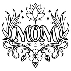 A decorative design with the word Mom is showcased, surrounded by elegant floral motifs and fancy swirls