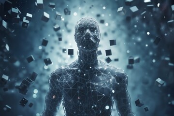 a human body made of disintegrating squares and cubes, standing in front of a digital background with abstract particles in space, cybernetics, computer rendering