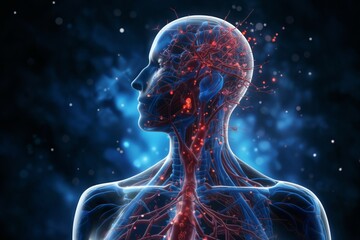 silhouette of a human body with the blood circulatory system and neural connections around head and brain, vegetative system, dark blue background, biotechnology concept