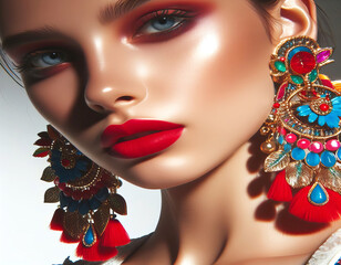 Model wearing colorful earrings and red lipstick, backlit photography, close-up shots,
 in the style