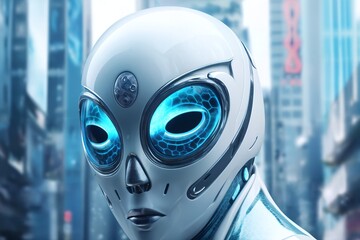 gynoid, a humanoid female android hybrid robot with a female face in a plastic helmet on the background of a futuristic city street, robotics concept