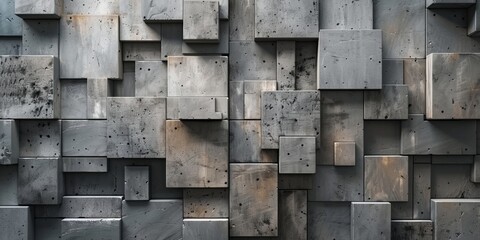 Polished Tiles arranged to create a 3D wall. Futuristic, Concrete Background formed from Rectangular blocks.