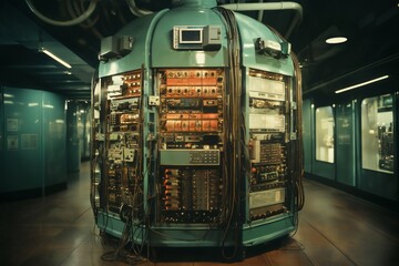 industrial data center, retro analog devices for industry and scientific research and measurements, in interior of laboratory, concept of retro futurism, lamp electronics