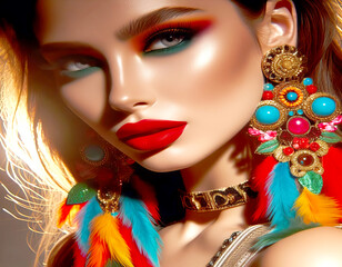 Model wearing colorful earrings and red lipstick, backlit photography, close-up shots,
 in the style