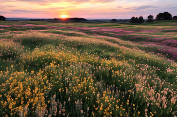 Obraz premium flowering heath and a beautiful sunset picture