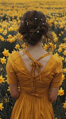 art portrait of woman in a field of yellow daffodil flowers