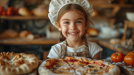 A smiling young girl in a chef's hat stands proudly beside her freshly baked pizzas in a vibrant...