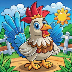 sunny day, blue sky, on a farm there is a chicken with a feather sticking out of its wing