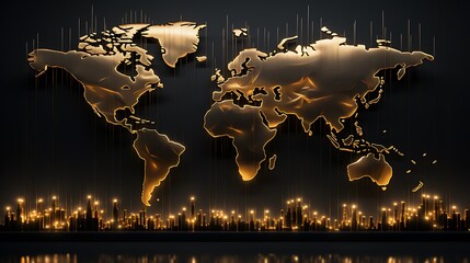 World map with golden outline on dark background. Internet business.Generative AI.暗い背景に金色の輪郭の世界地図。インターネットビジネス。Generative AI。