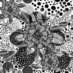 Black and white seamless floral background. Graphic flowers.  hand drawing. Not AI. Vector illustration