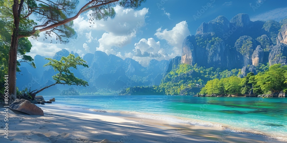 Canvas Prints calm tropical beach with pine trees and karsts - Canvas Prints