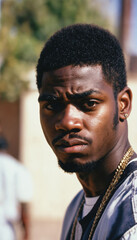 photo of angry black person man with tank top in neighborhood ,generative AI