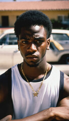 photo of angry black person man with tank top in neighborhood ,generative AI