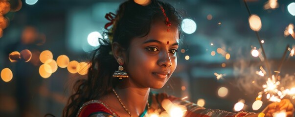 Indian pretty young girl playing with sparklers in diwali festival night