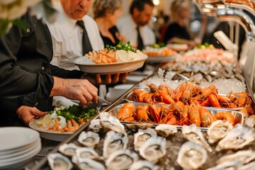 Obraz premium Guests Delighting in a Gourmet Seafood Feast