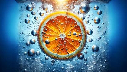 Orange Slice Submerged in Sparkling Water with Air Bubbles - obrazy, fototapety, plakaty