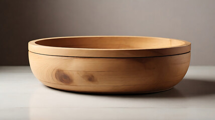 An empty wooden half circle pot sits in the center of the picture.