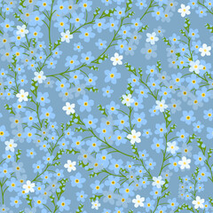 Seamless pattern of blue forget-me-nots. Hand drawing. Not AI. Vector illustration