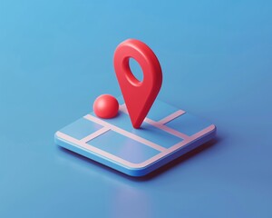 Red pin icon on top of the map, in the style of cartoon