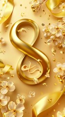 8 of march background with golden eight and decor in realistic vector design. Beautiful international women holiday promo. Romance greeting web banner layout template