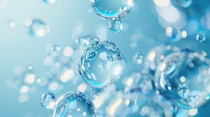 A group of oxygen transparent carbonated blue bubbles floating on a watery gel blue surface. Pure vitality cosmetic background.