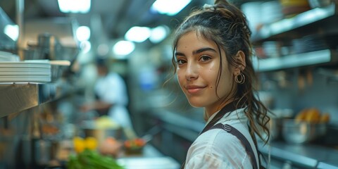 Young latin female chef in professional kitchen setting.