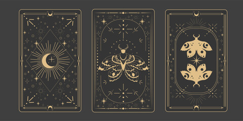 Tarot reverce border magic sacred cover card frame gold line border celelstial mystery esoteric decoration with moth stars and moon on dark background.
