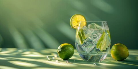 Refreshing gin tonic in a glass with ice on green background