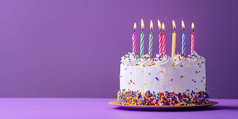 Birthday cake with cream, candles and colorful sprinkles on a violet background with copy space.