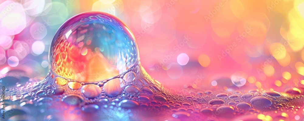 Poster iridescent soap bubble on multicolored background.