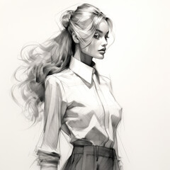 Haute Couture Elegance: Fashion Illustration of an Elegant Woman, Capturing the Essence of Runway Style and Feminine Sophistication in a Detailed Pencil Drawing