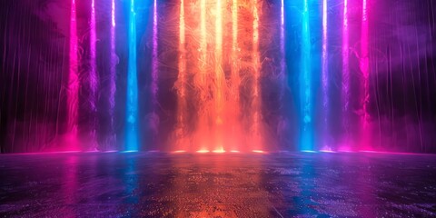 Abstract background with neon lights of various colors on stage