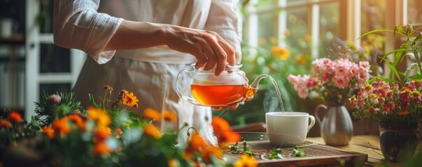 Mature woman pouring tea in cup near flowers at home - Powered by Adobe