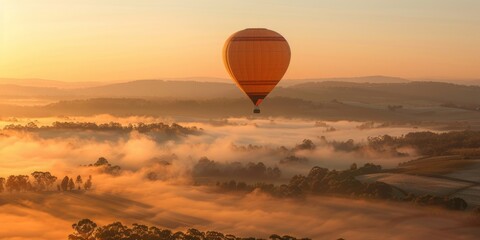 Hot air balloon floats in the golden sunrise sky above a mist-covered landscape