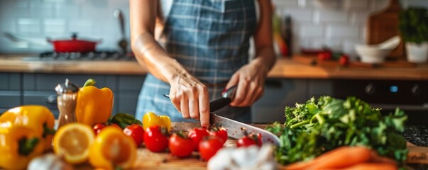 Woman cutting pepper in kitchen while cooking with diverse friends
