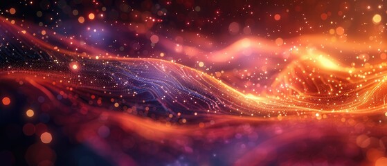 A vibrant abstract background featuring red, purple, and orange technology particles