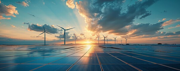 Wind farm and solar panels under a beautiful blue sky with a few clouds. Renewable energy generation for environmental