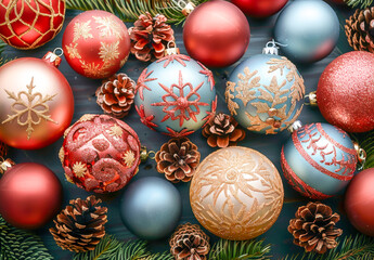 Elegant Christmas Ornaments and Pine Cones Decoration.