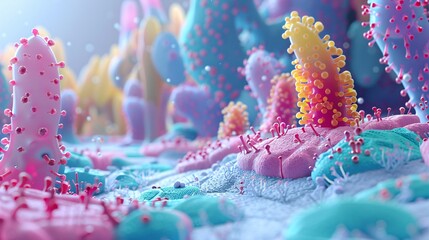 3D animation of skin cells multiplying and renewing, set in a vibrant, microscopic landscape.