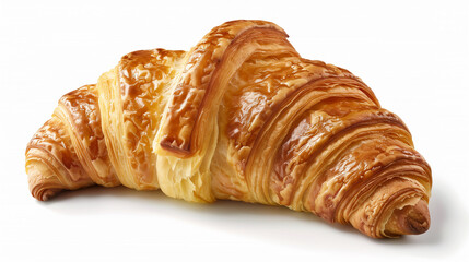Fresh, high-quality single croissant with a plump and flaky texture, displayed on a white background