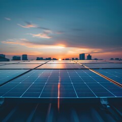 Mesmerizing stock photo of solar cell system installation on a building roof, with stunning morning light and bokeh,