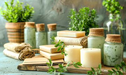 Herbal Spa and Wellness Products on Rustic Table.