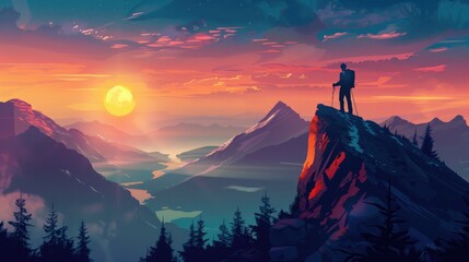 Fototapeta premium Wanderlust Concept with Hiker Enjoying Sunset on Mountain Peak
