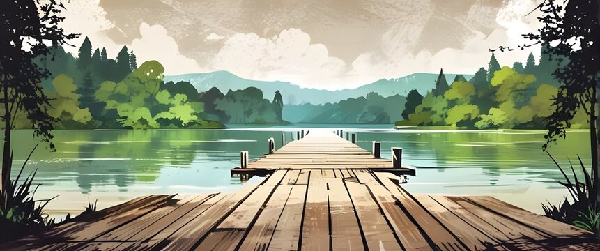 Illustration of a wooden pier with natural landscape. Generative AI