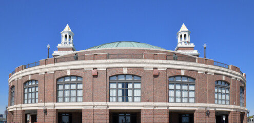 Old historic brick building and blue sky