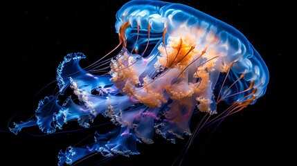 A jellyfish floating gracefully under deep sea light, its glow representing enduring life and mystery.